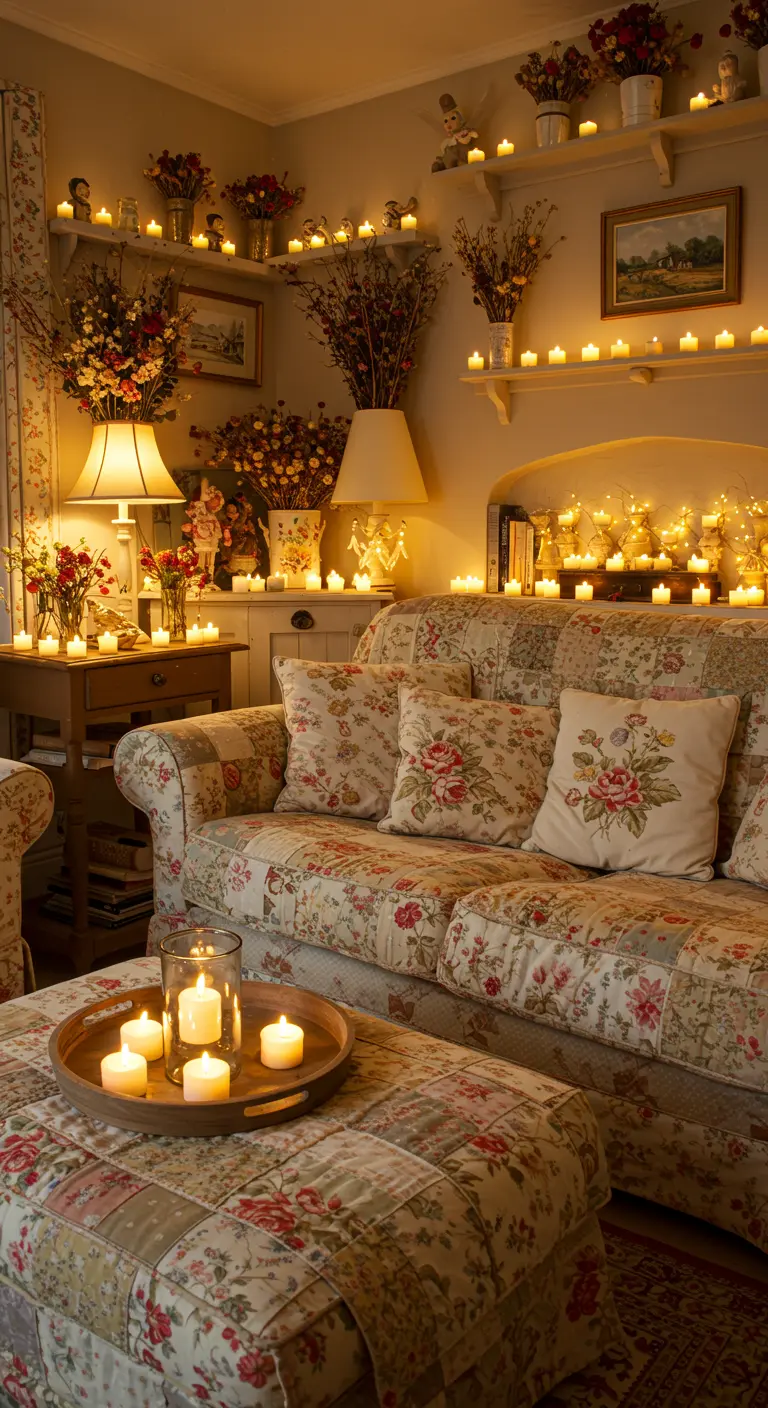Salon cottagecore fleuri inondé de dizaines de bougies LED sur les étagères.
