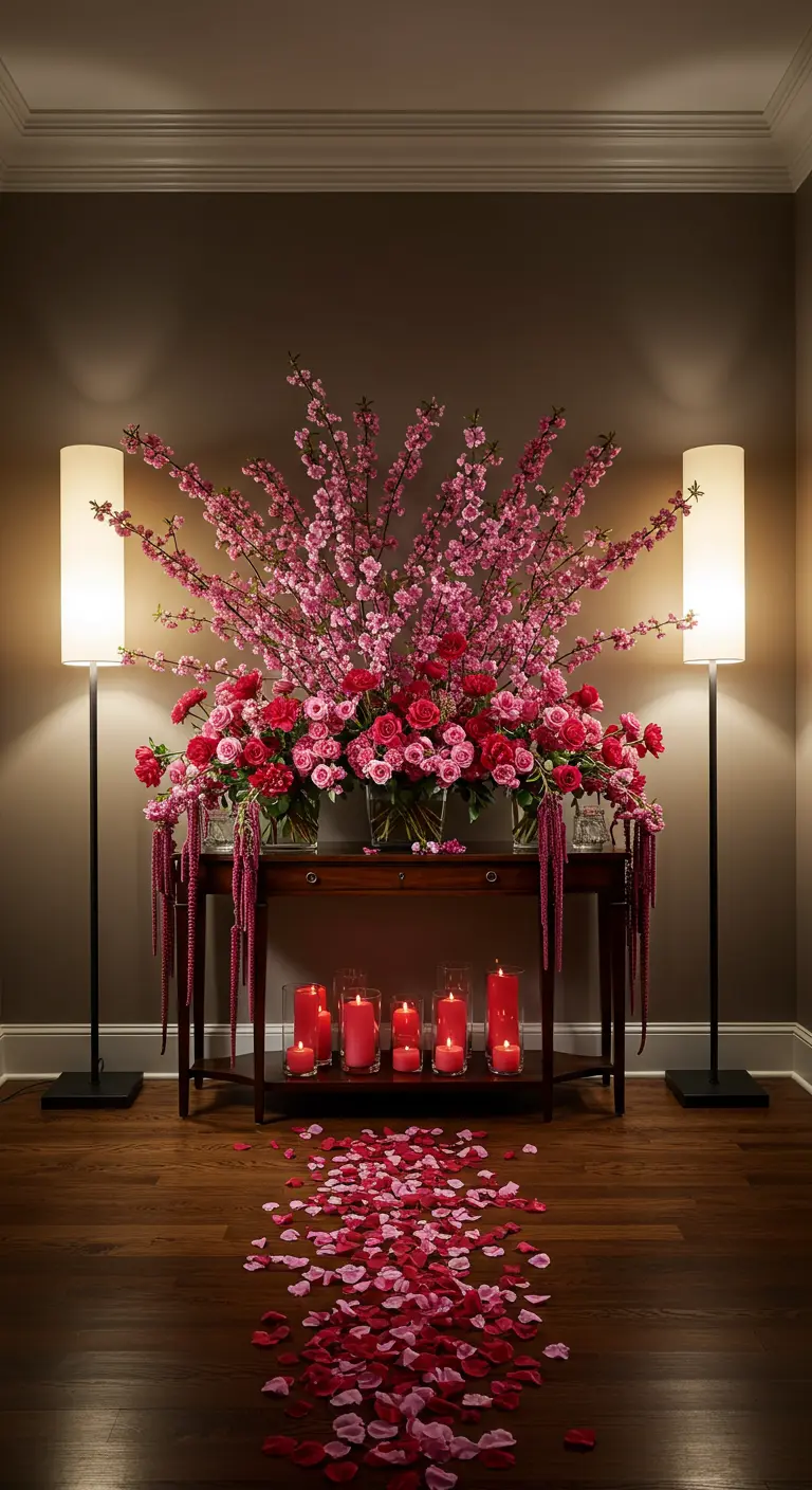 Une console d'entrée avec un immense arrangement floral de fleurs de cerisier et de roses.