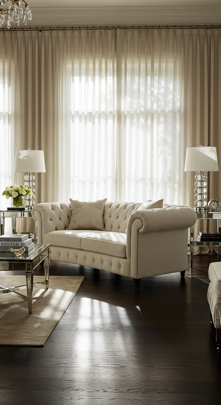 Salon élégant avec canapé Chesterfield blanc et lampes en cristal