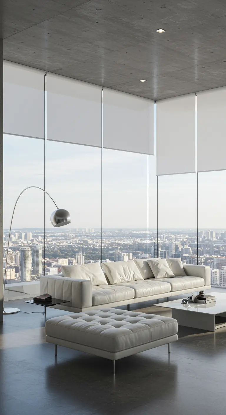 Salon moderne en étage élevé avec canapé en cuir blanc et vue sur la ville