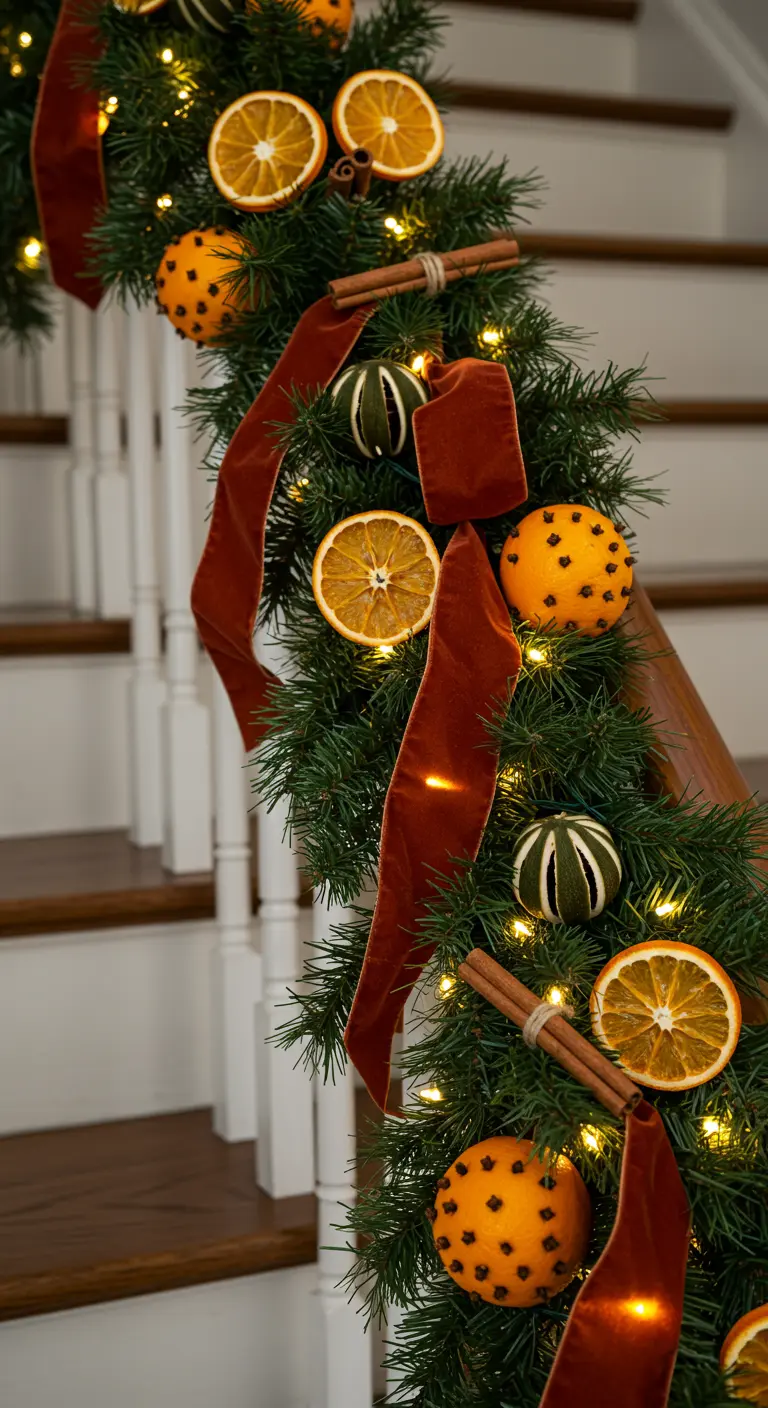 Guirlande de Noël décorée d'oranges piquées de clous de girofle et d'un ruban de velours rouille.