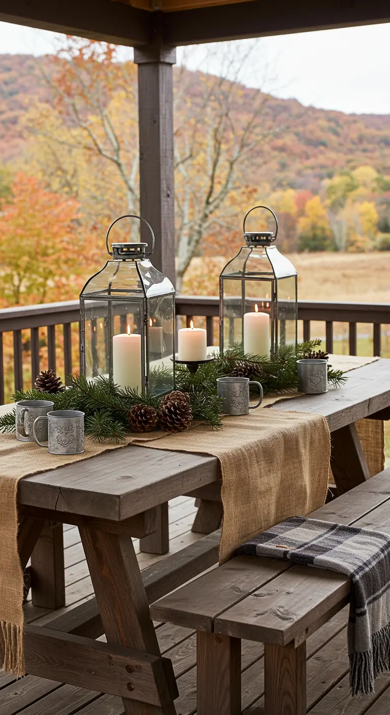 Table de pique-nique sur un porche avec de grandes lanternes et des branches de pin.