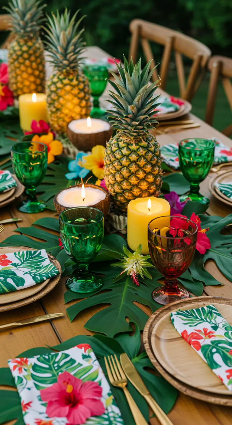 Table tropicale avec ananas, feuilles de monstera et bougies à la noix de coco.