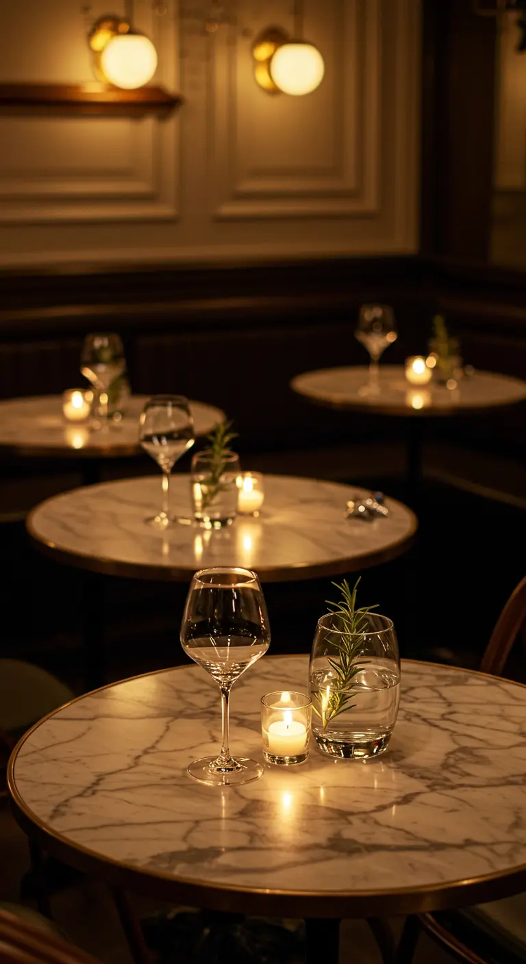 Petite table de bistrot en marbre avec un verre de vin et une bougie flottante dans un verre.