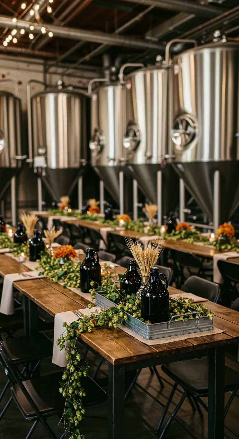 Centre de table dans une brasserie avec des guirlandes de houblon et des épis de blé dans des growlers.