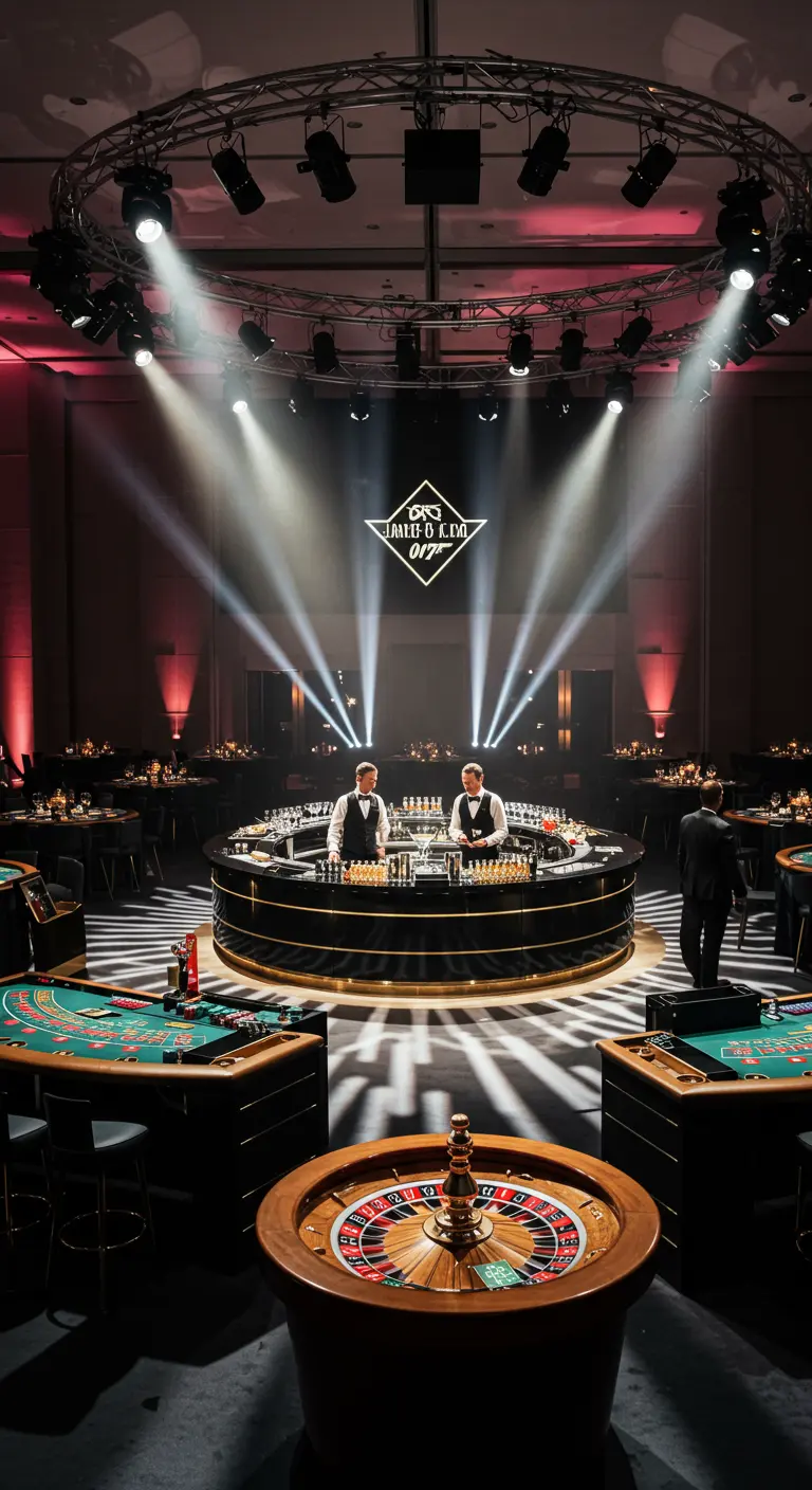 Soirée thème casino avec un bar circulaire et des tables de jeu.