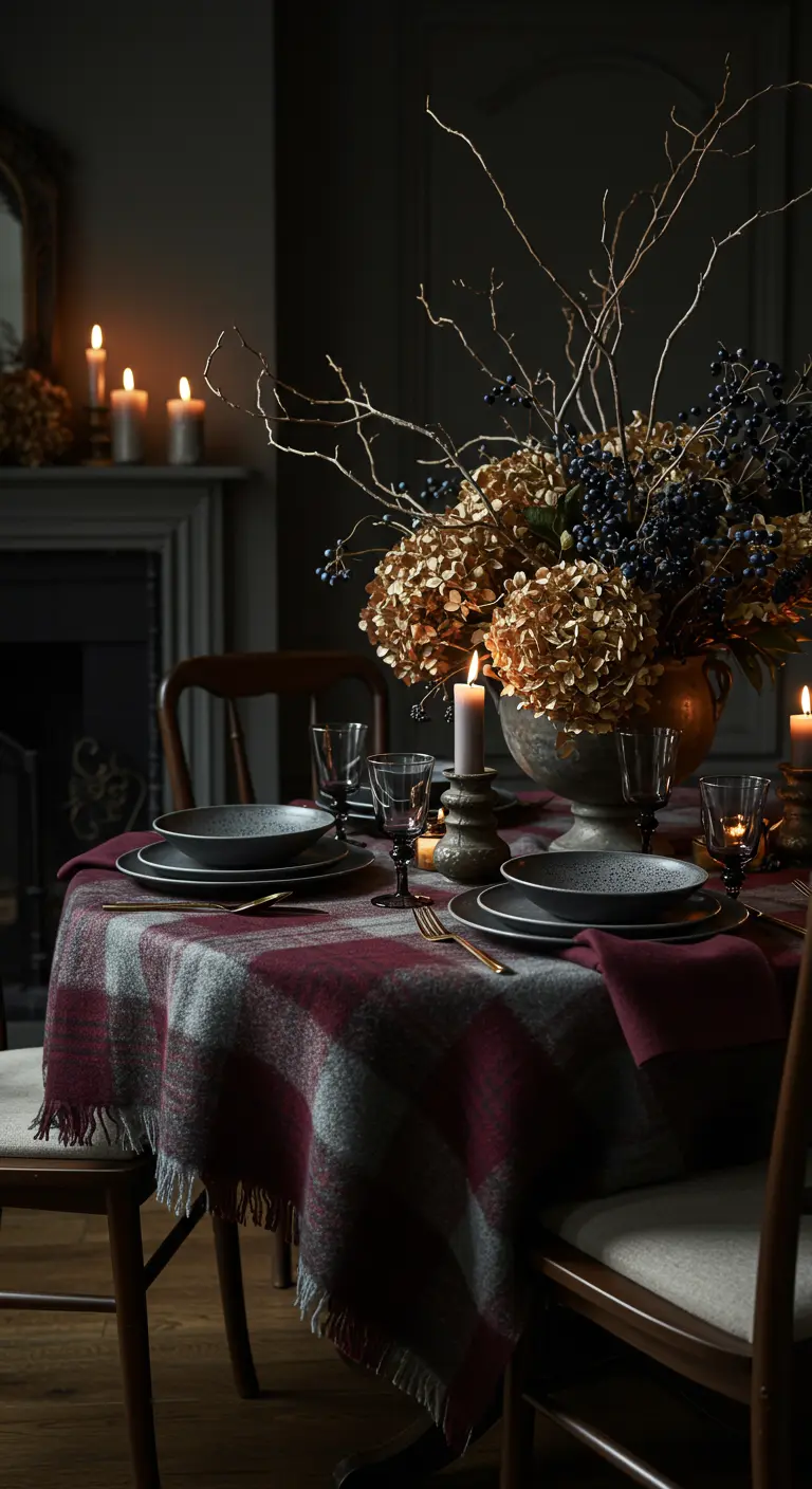 Table sombre avec un plaid en guise de nappe et un bouquet de fleurs séchées.