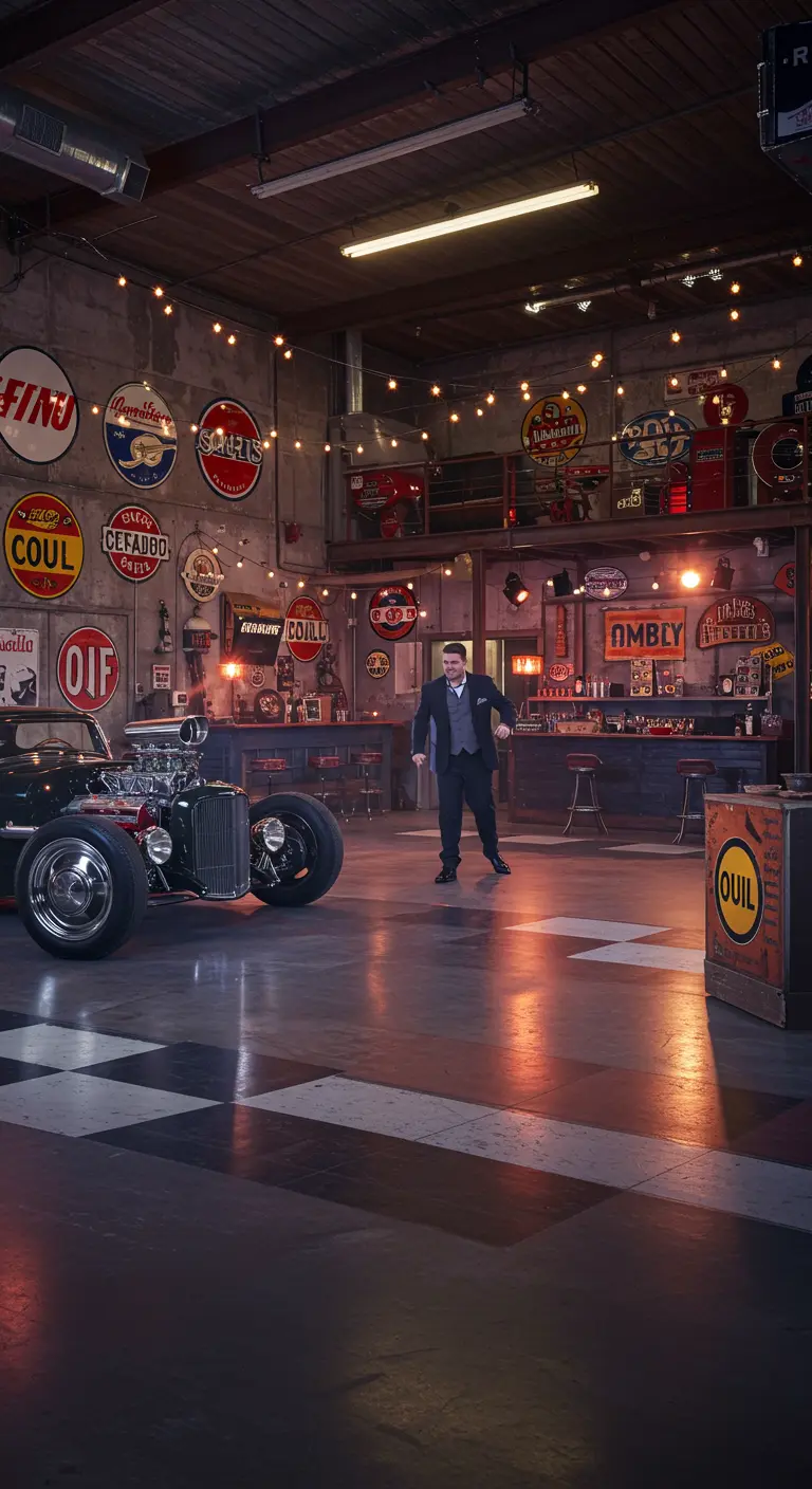 Garage décoré de plaques vintage avec une voiture hot rod et un bar.