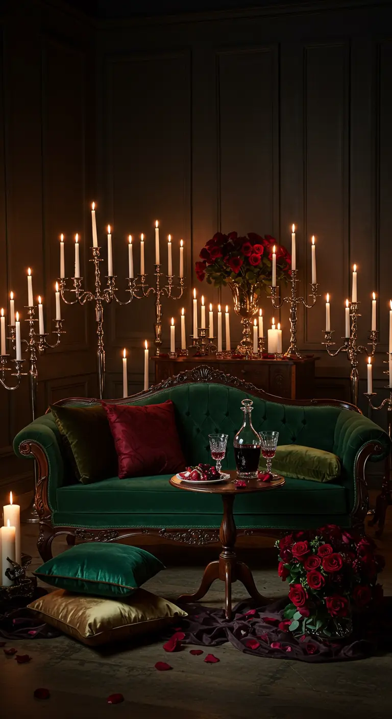 Un salon sombre et luxueux éclairé par de nombreux chandeliers, avec un canapé en velours vert.