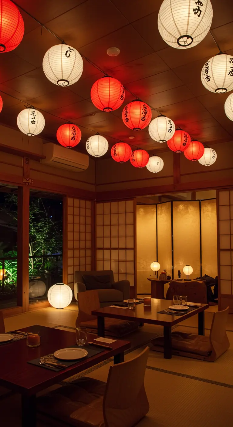 Salon décoré avec de nombreux lampions japonais rouges et blancs suspendus au plafond.