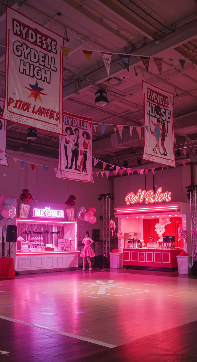 Salle de fête décorée sur le thème de Grease avec des bannières et des stands.