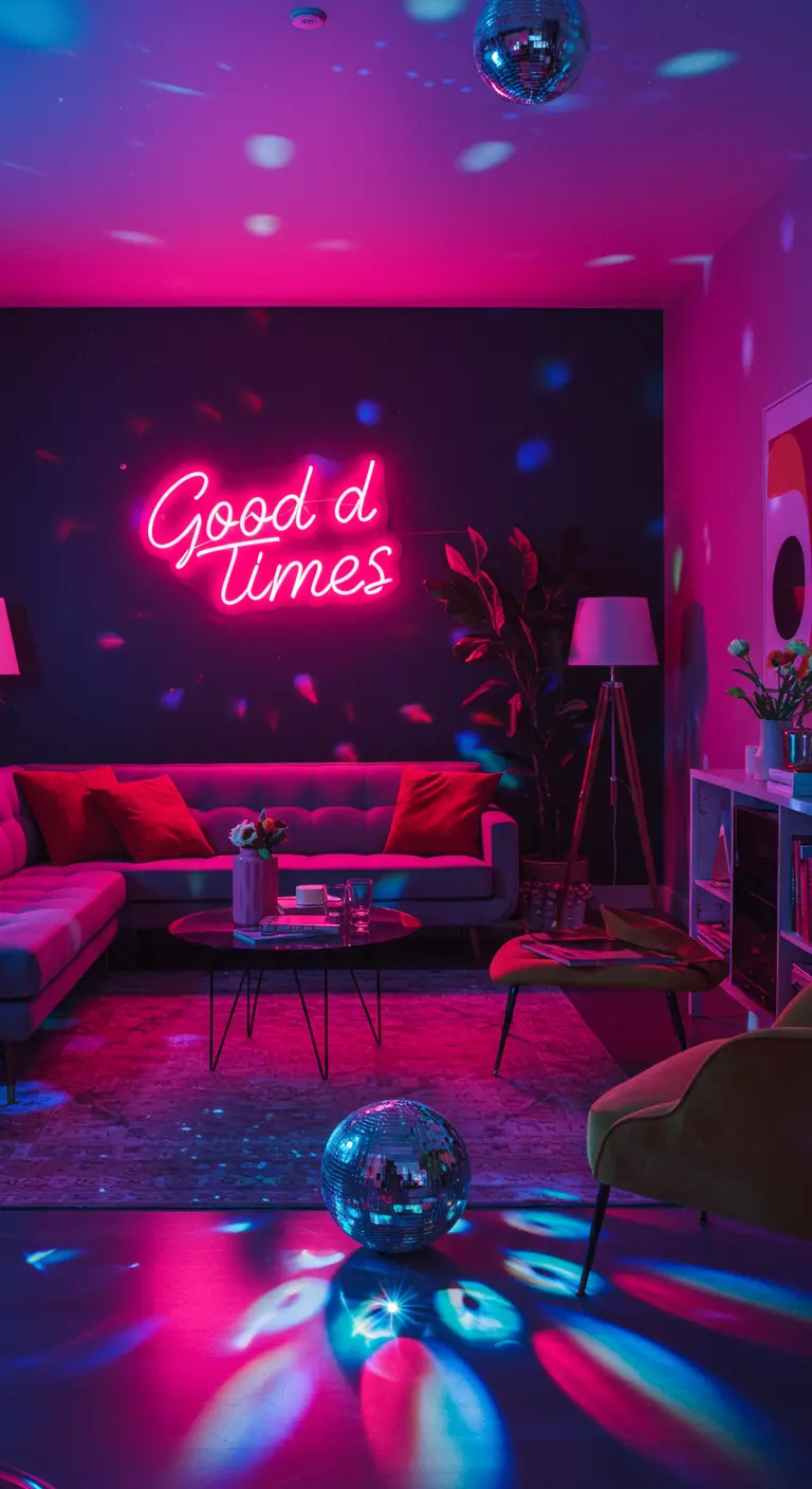 Salon sombre illuminé par un néon rose 