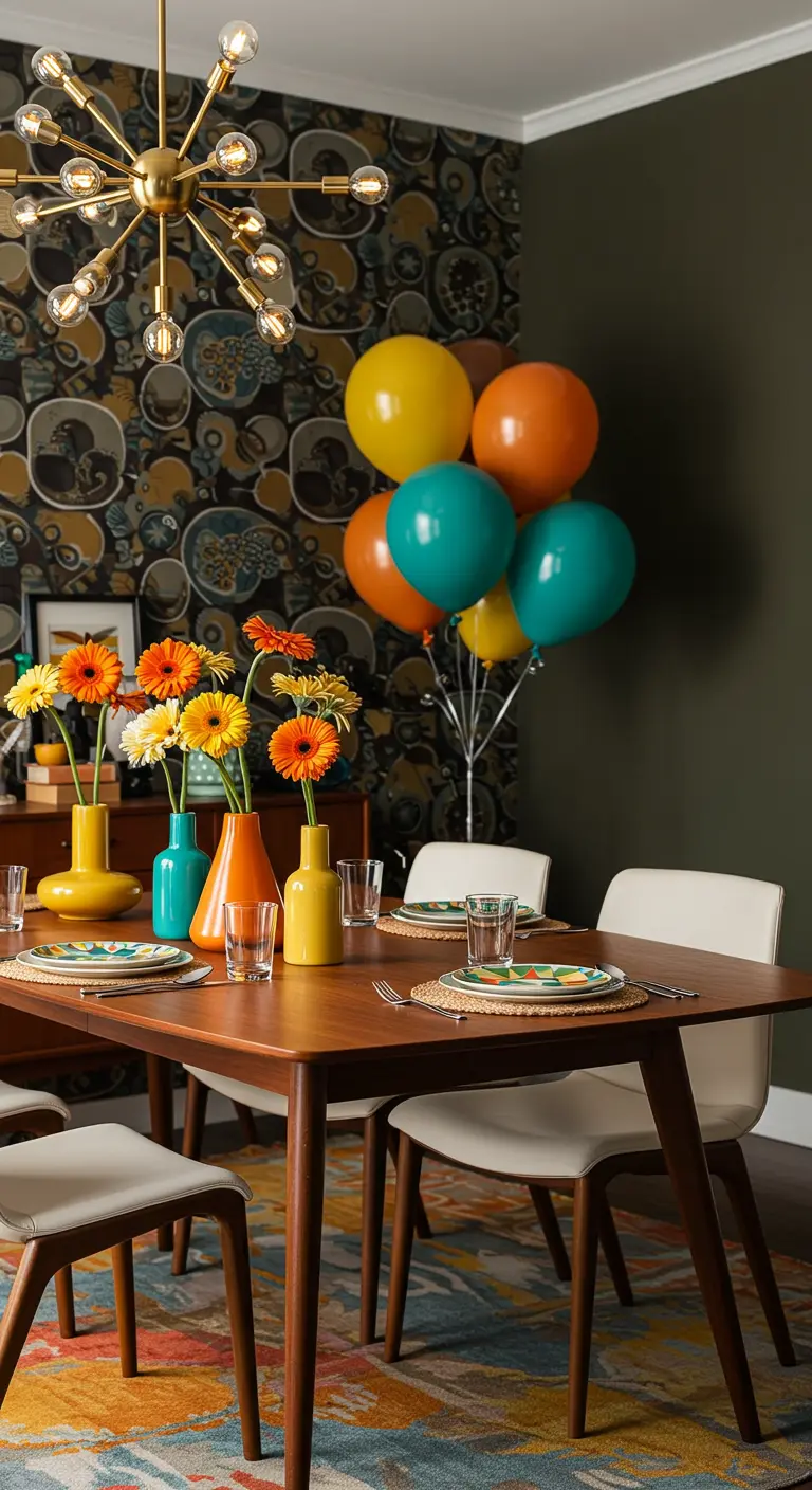 Table d'anniversaire d'inspiration années 70 avec des vases colorés, des gerberas et des ballons vifs.