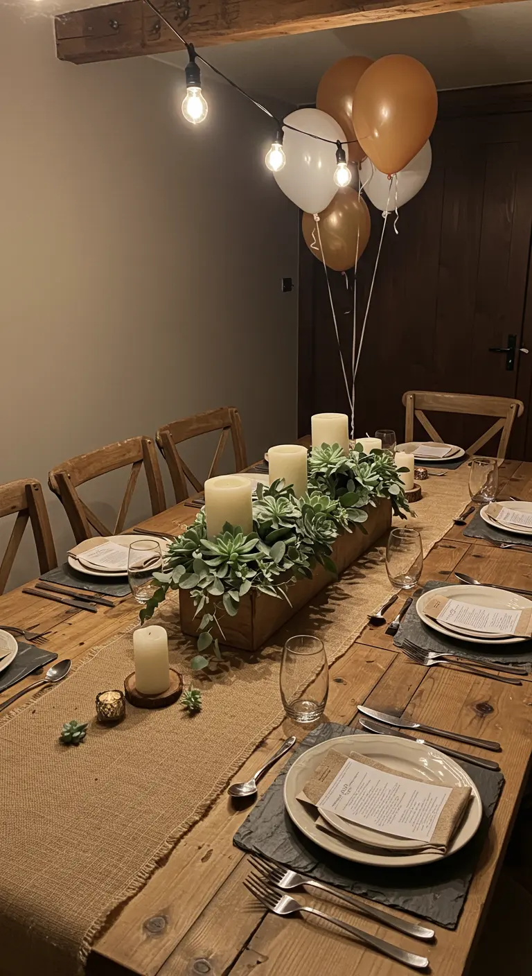 Table d'anniversaire rustique avec un centre de table en bois rempli de succulentes.