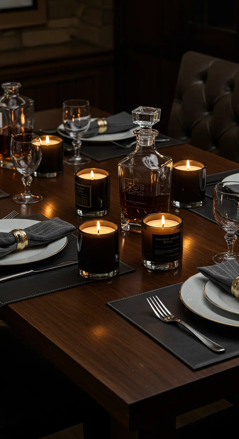 Table sombre et masculine avec une carafe en cristal et des bougies parfumées.