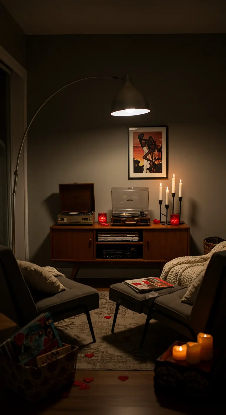 Un coin salon avec une platine vinyle, des fauteuils et un éclairage d'ambiance tamisé.