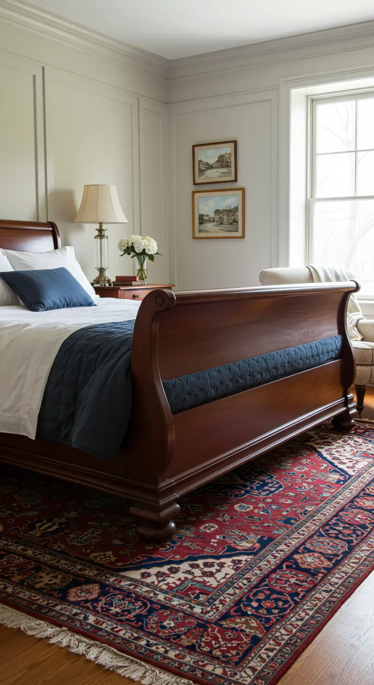 Chambre classique avec un lit traîneau en bois et un grand tapis persan rouge et bleu.