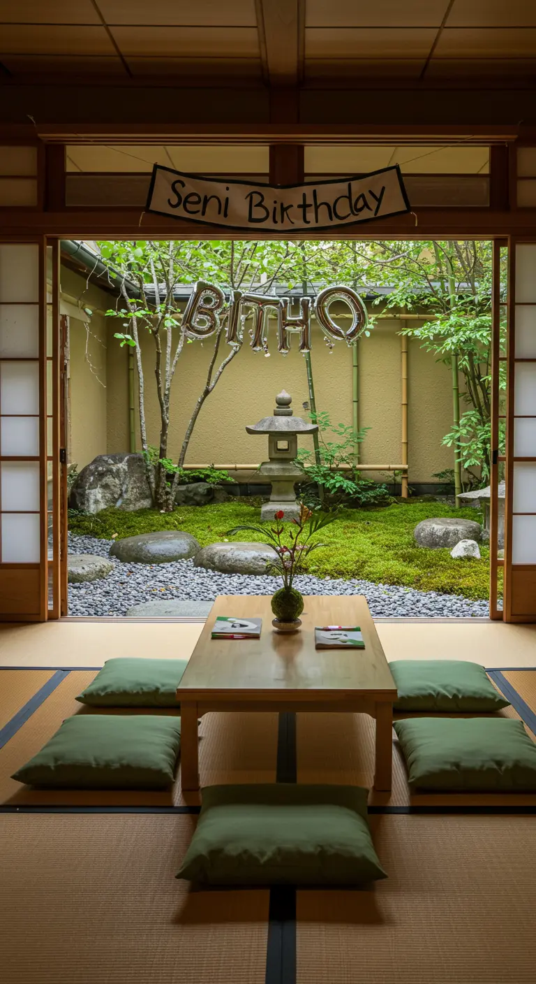 Table basse dans une pièce de style japonais donnant sur un jardin zen, avec des ballons.