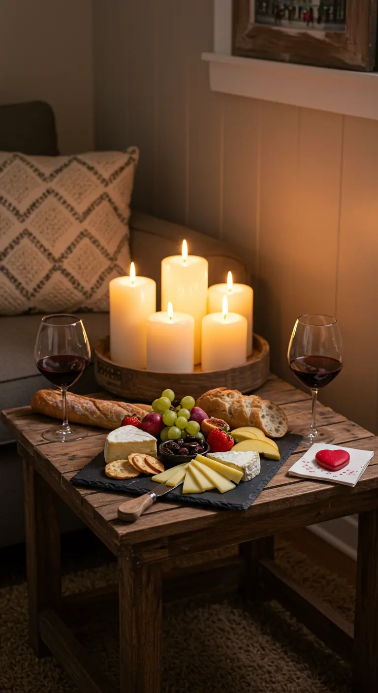 Un plateau de fromages et de vin sur une table en bois, éclairé par un groupe de bougies.