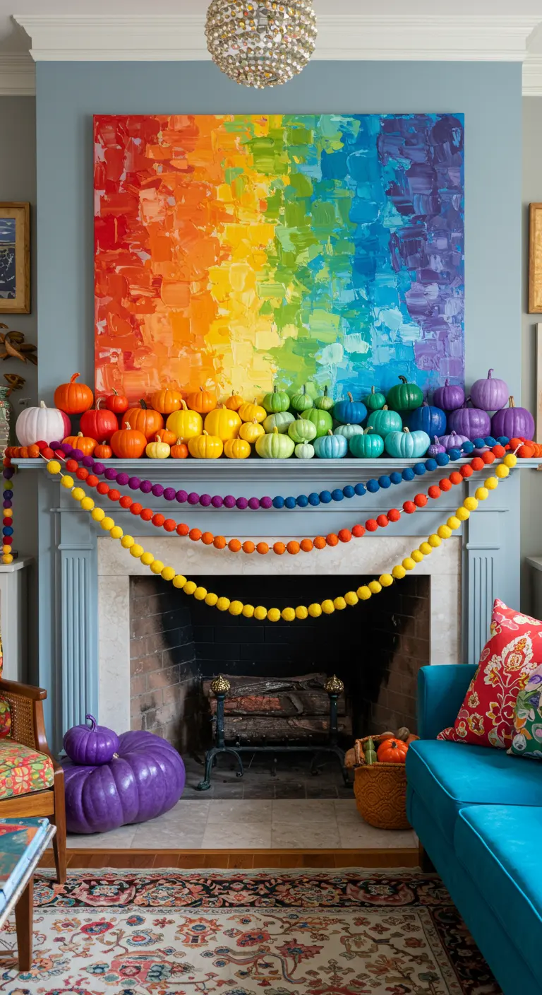 Cheminée décorée avec des citrouilles peintes aux couleurs de l'arc-en-ciel.