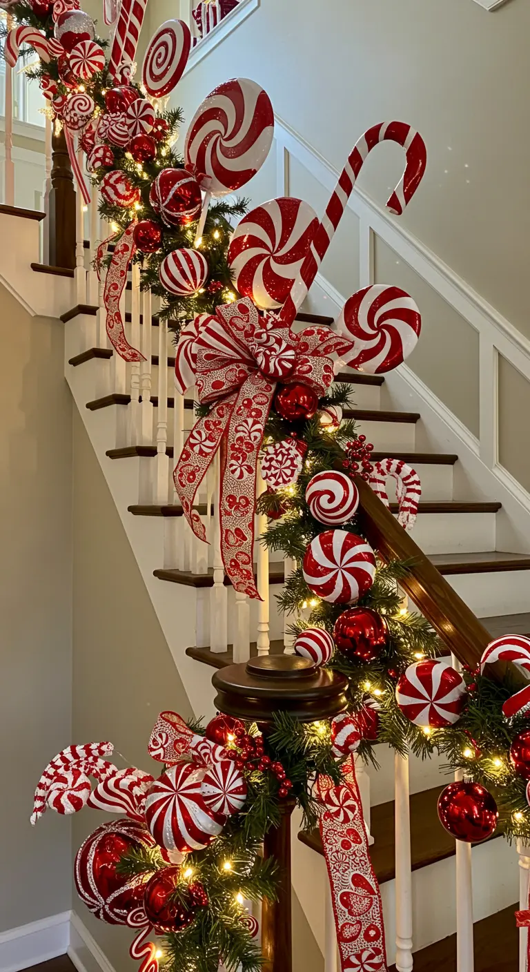 Escalier décoré d'une avalanche de sucres d'orge, de bonbons et de rubans rouges et blancs.