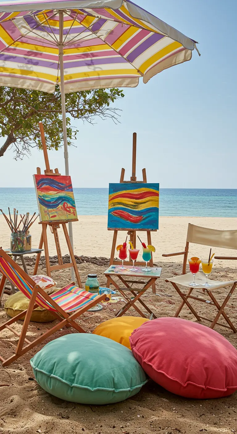 Atelier de peinture sur la plage avec des chevalets, des coussins colorés et des cocktails.