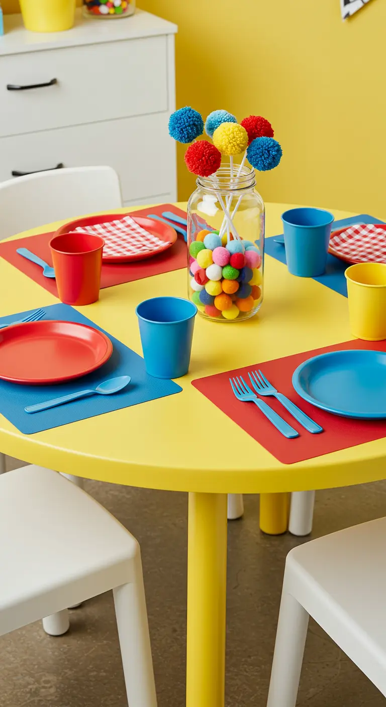 Table d'enfant jaune vif avec vaisselle et décorations en couleurs primaires.
