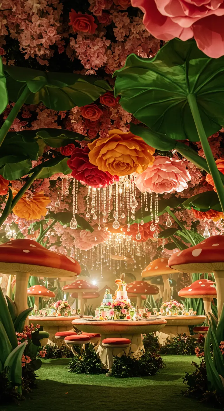 Décor immersif avec fleurs et feuilles géantes, créant une ambiance de conte.