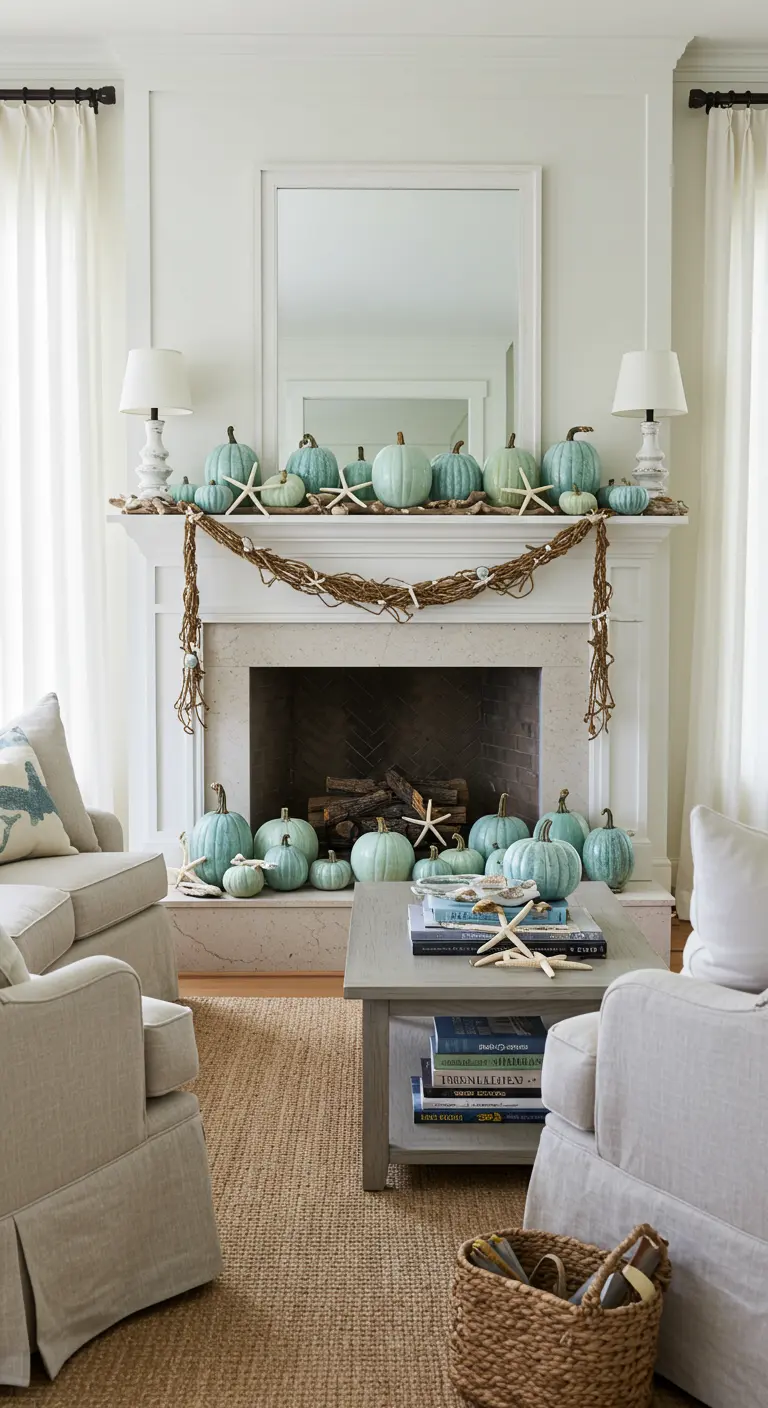 Décor d'automne de style côtier avec des citrouilles bleu-vert et une guirlande d'étoiles de mer.