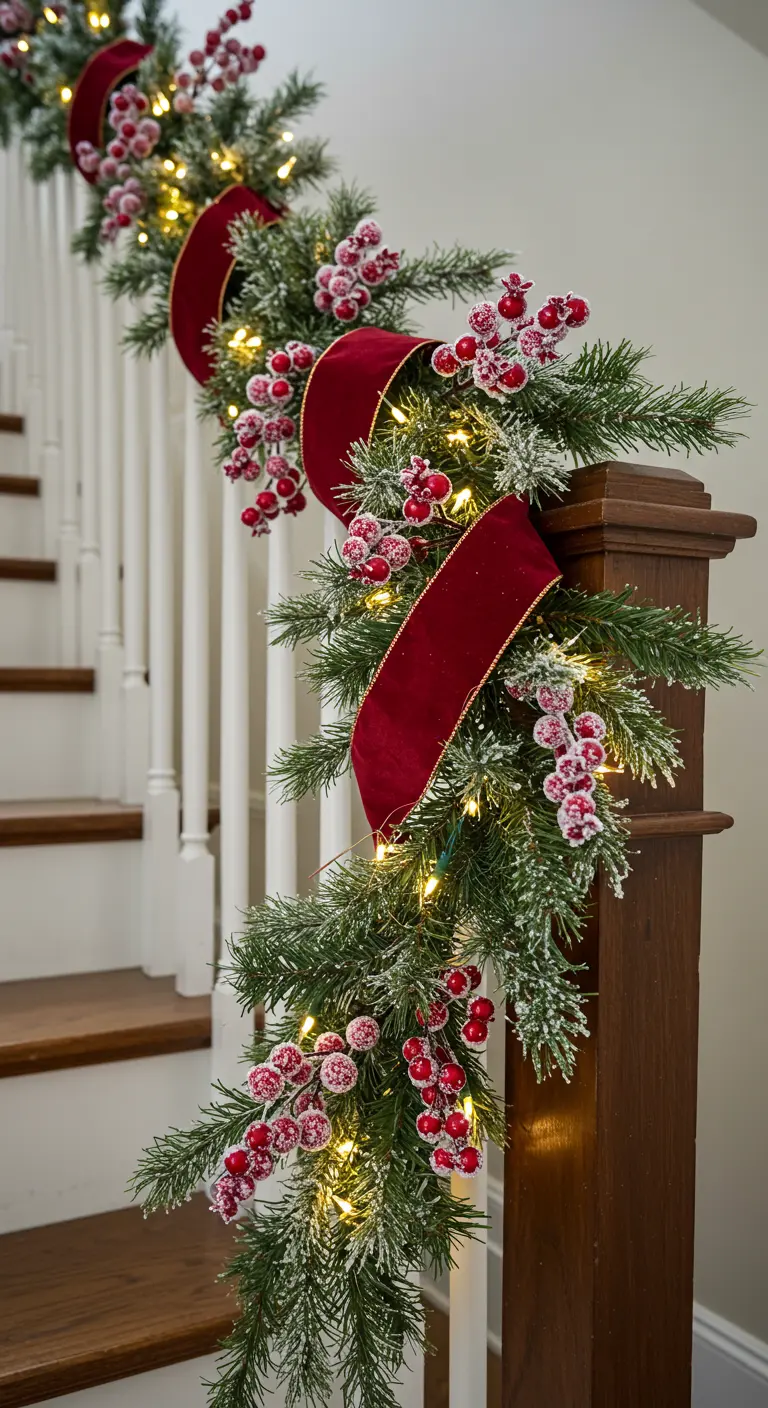 Guirlande de Noël avec un large ruban de velours rouge et des grappes de baies givrées.