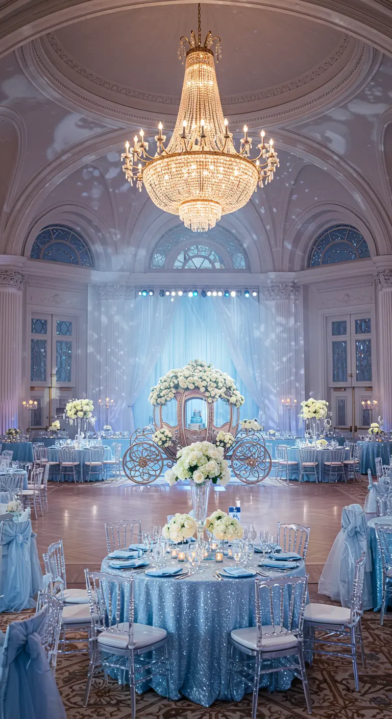 Salle de bal Cendrillon avec carrosse, lustre étincelant et tables bleu glacier.