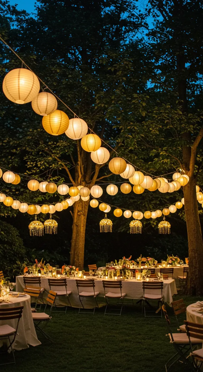 Des guirlandes de lampions en papier illuminés suspendues au-dessus d'une réception en plein air la nuit.