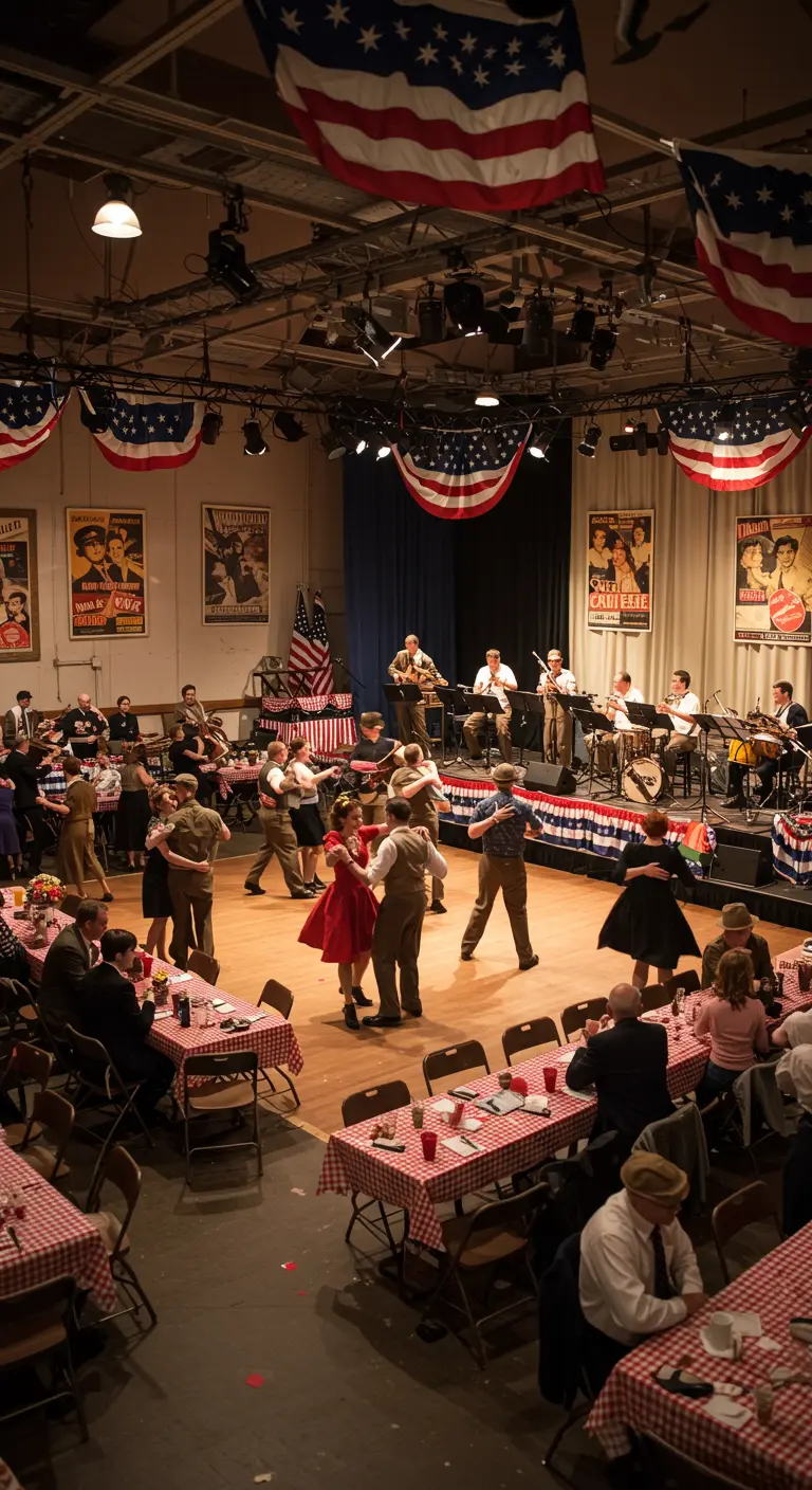 Soirée dansante style années 40 avec des drapeaux américains et des nappes à carreaux.