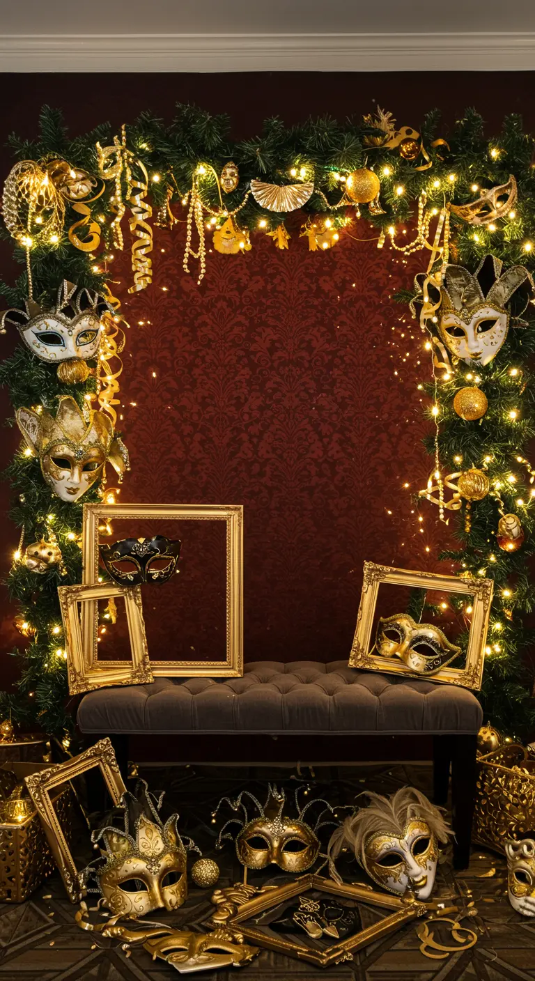 Décor de bal masqué avec une arche de sapin décorée de masques et de lumières.