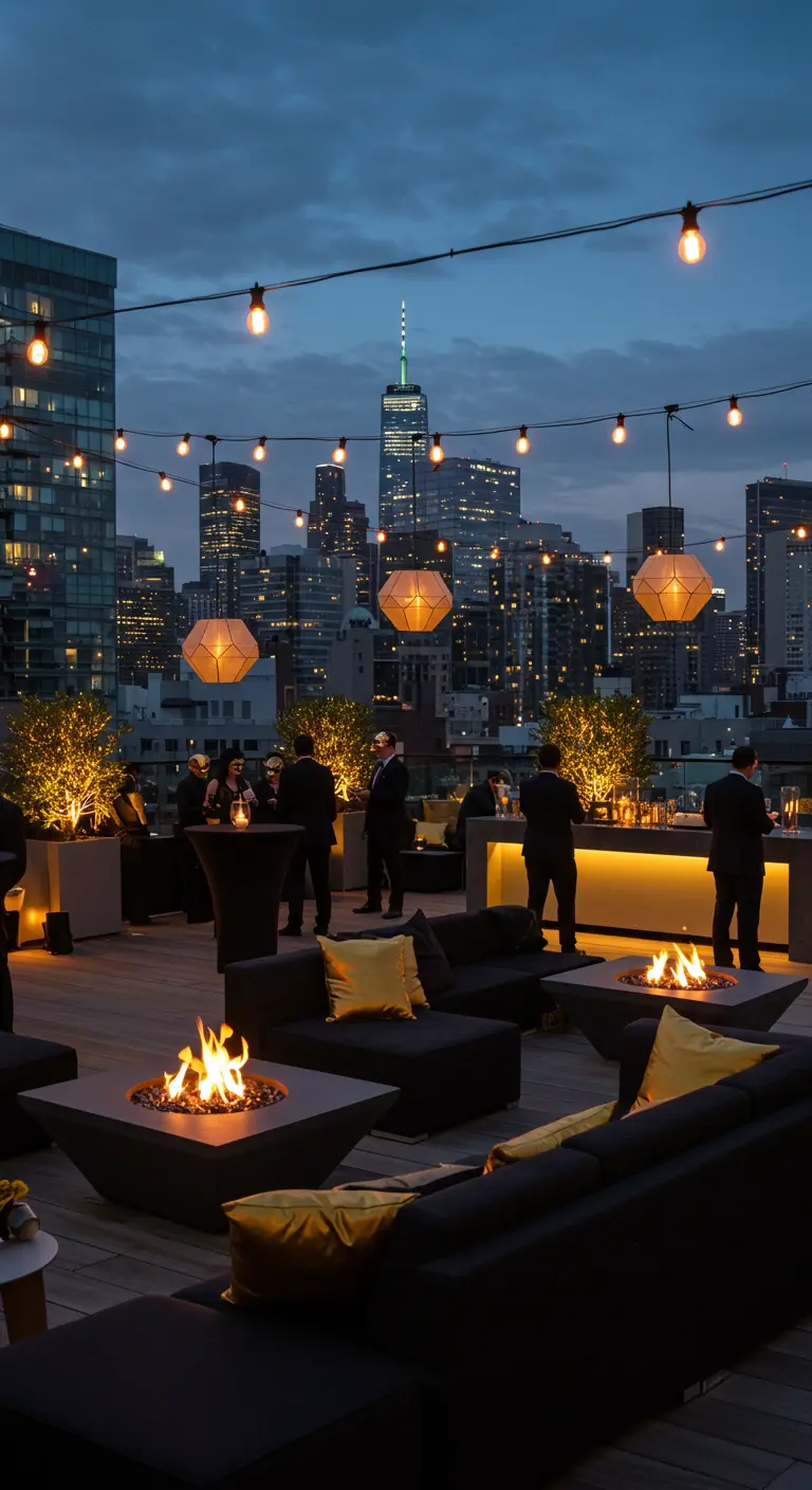 Rooftop chic avec braseros, guirlandes lumineuses et vue sur la ville de nuit.