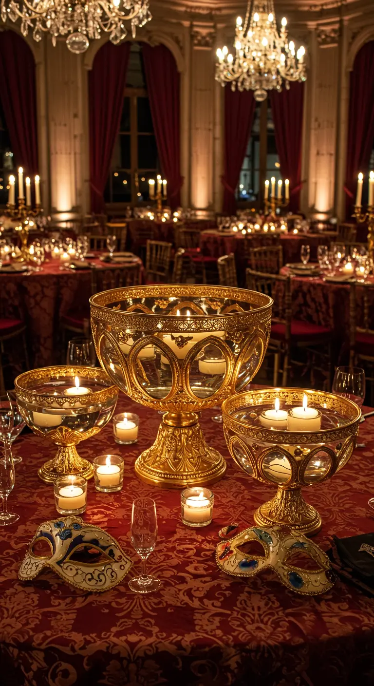 Table de fête rouge et or avec des bougies flottantes dans des coupes dorées et des masques vénitiens.