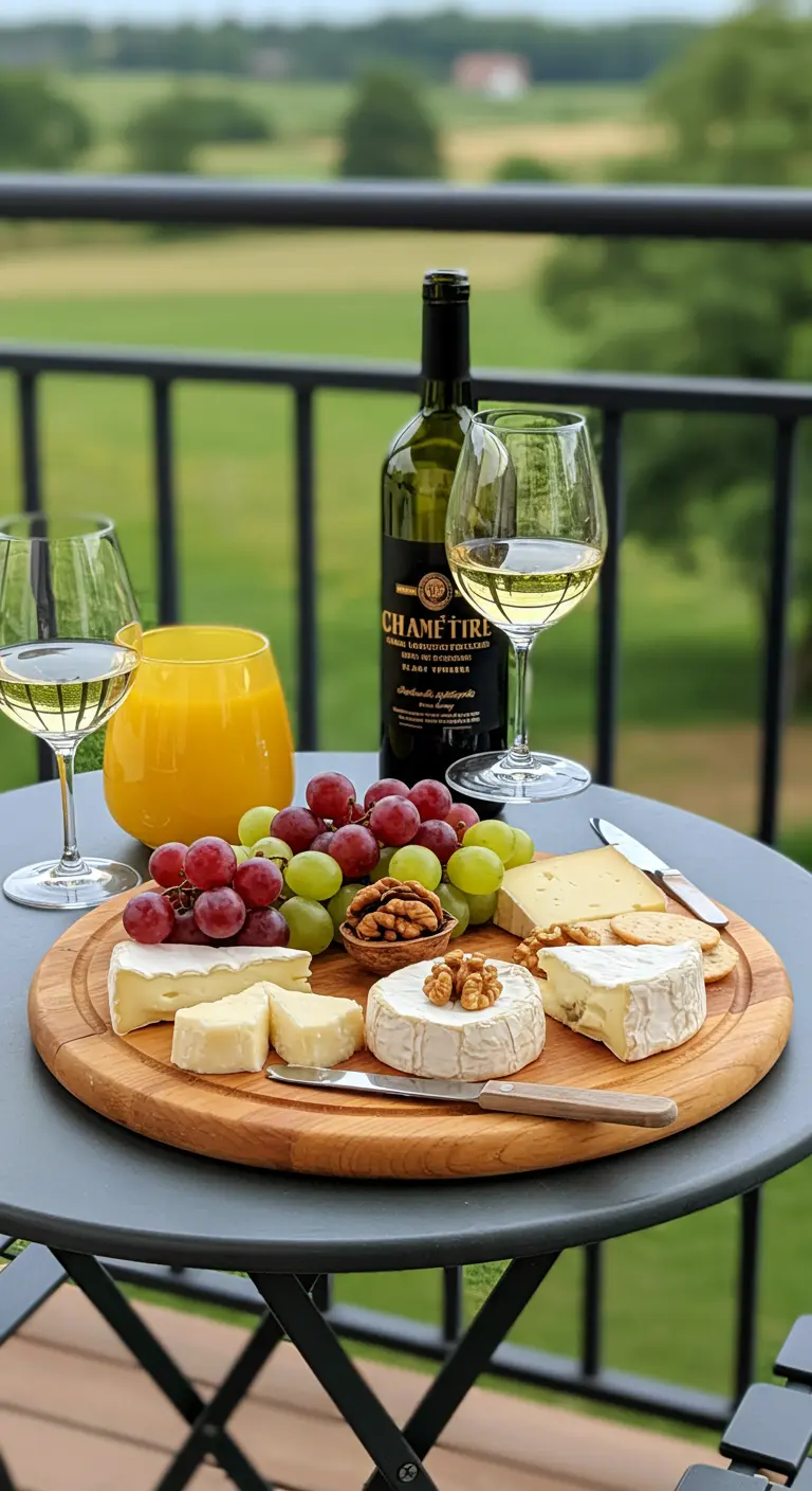 Plateau de fromages et vin sur une petite table de balcon avec vue sur la campagne.