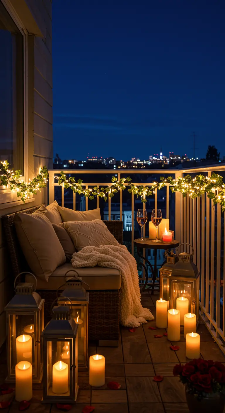 Un balcon confortable la nuit, décoré de guirlandes lumineuses, de lanternes et de coussins.