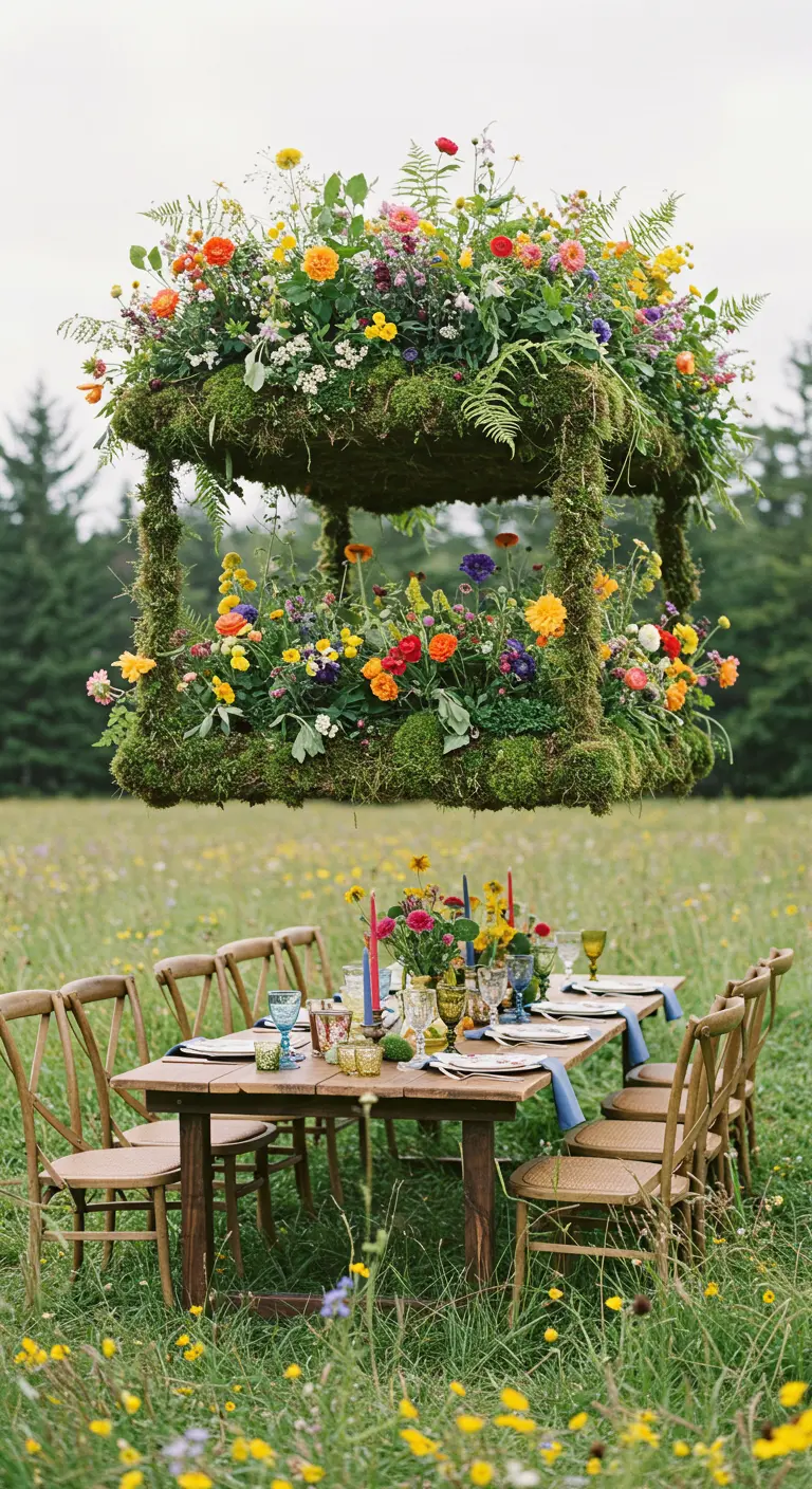 Table de mariage dans un champ sous un baldaquin entièrement recouvert de mousse et de fleurs.