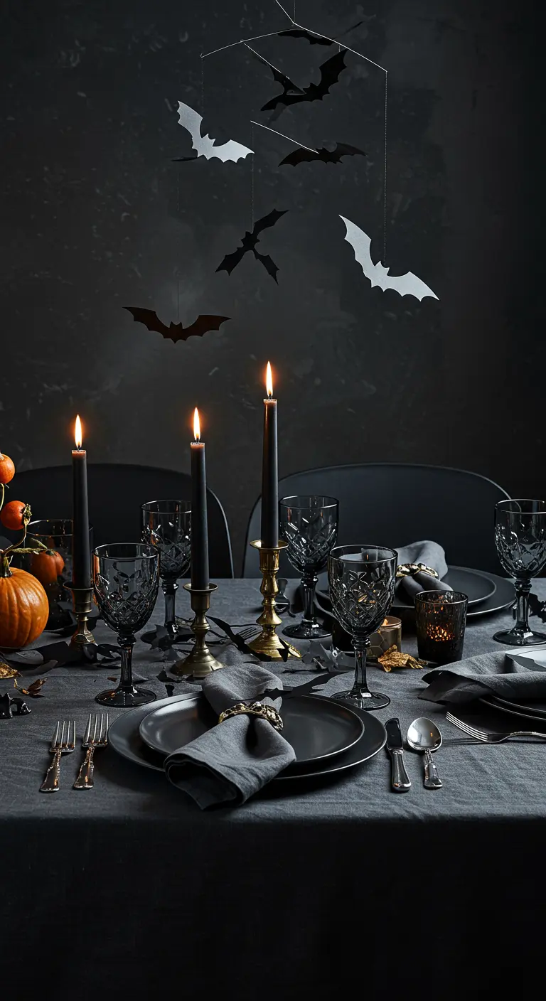 Table grise et noire avec un mobile de chauves-souris suspendu au-dessus.
