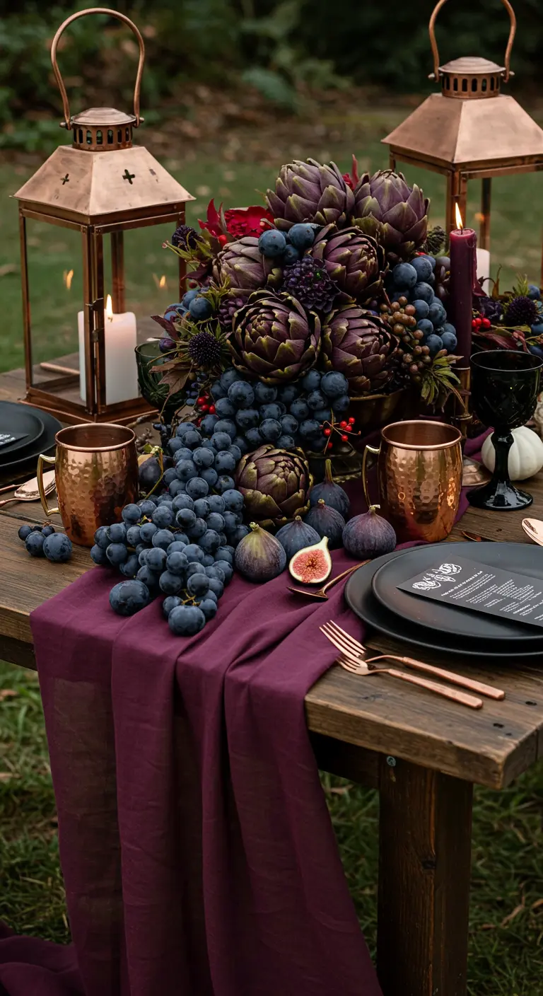 Centre de table opulent avec artichauts, raisins noirs et figues.