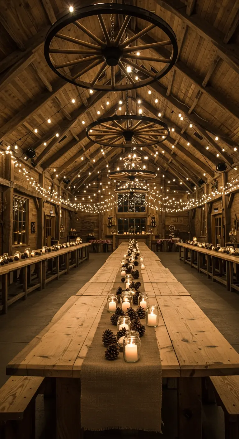 Très longue table de banquet dans une grange, décorée de chemins de table et de bougies.