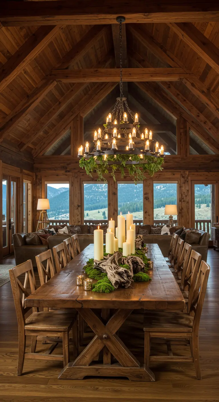 Grand centre de table pour chalet avec bois flotté, mousse et nombreuses bougies.