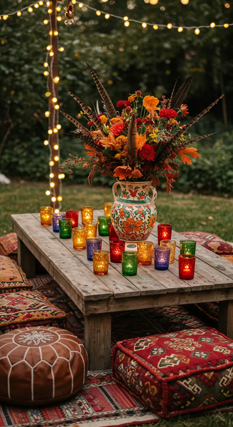 Table basse en bois en extérieur, entourée de tapis et coussins ethniques, avec un bouquet sauvage.
