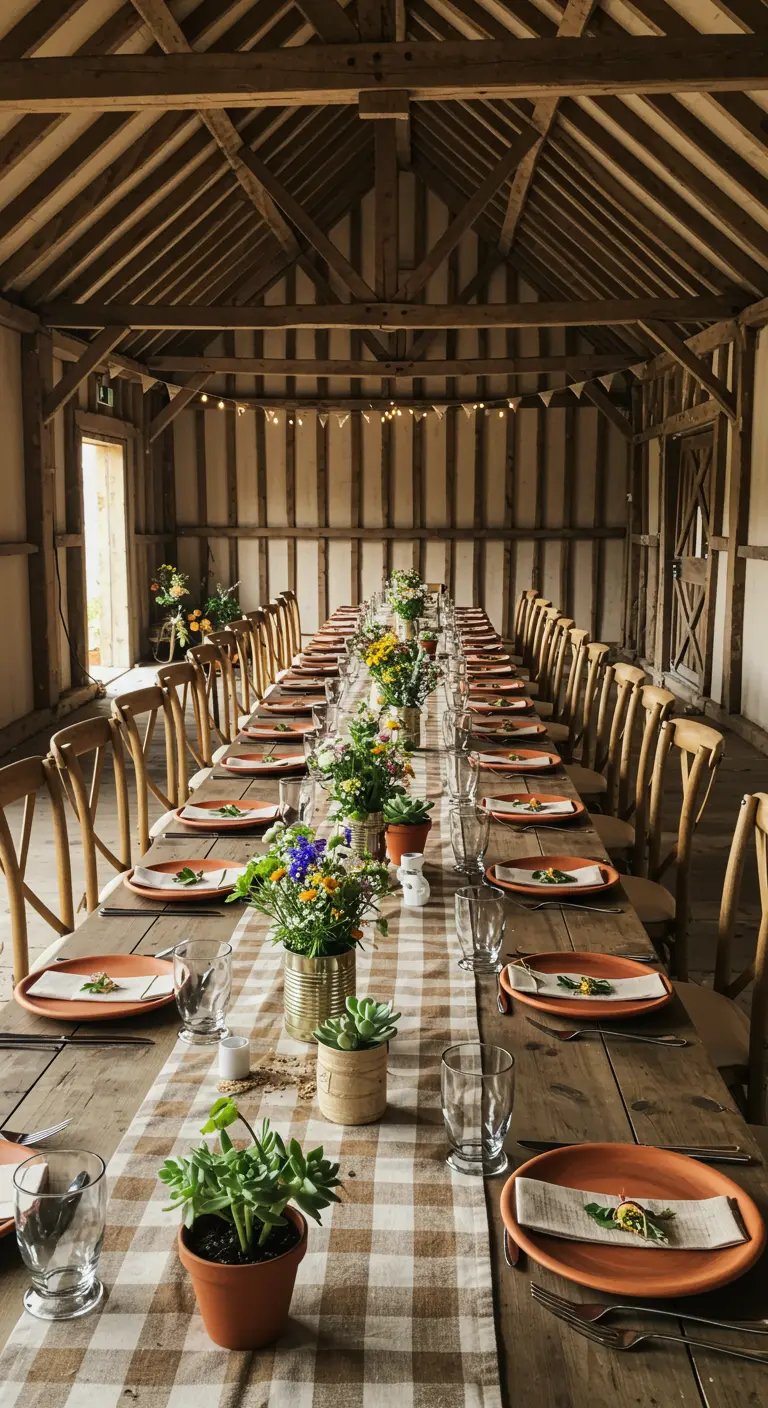 Longue table de banquet dans une grange avec chemin de table à carreaux.
