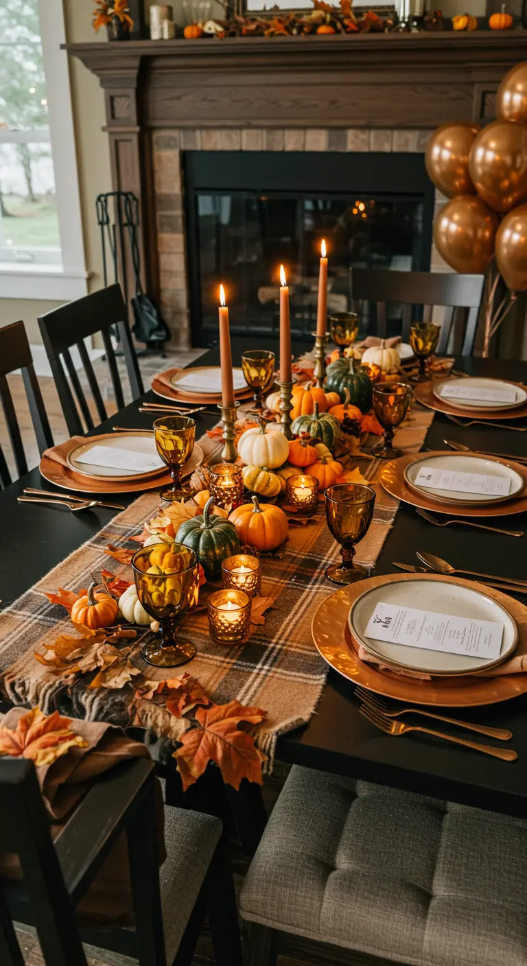 Table d'anniversaire d'automne avec un chemin de table de citrouilles et des bougies.