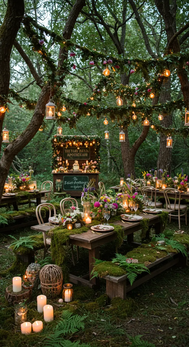 Table de banquet dans une forêt enchantée avec de la mousse, des lanternes et des bougies.