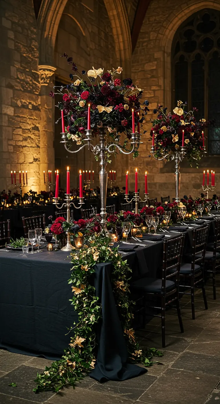 Longue table de banquet dans un château avec des candélabres et des fleurs sombres.
