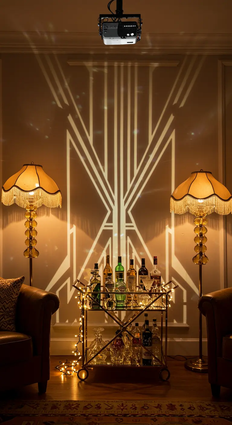 Un projecteur diffuse un motif Art Déco sur un mur derrière un bar mobile de style vintage.