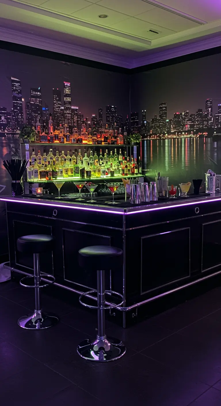 Bar de nuit éclairé par une lumière violette avec un panorama de ville en fond.